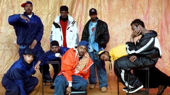 Les membres du Wu-Tang Clan, groupe de rap américain : de gauche à droite, U-God, Method Man, Raekwon, GZA, Ghostface Killah, Masta Killa, RZA, Ol' Dirty Bastard vers 1997 à New York - Bob Berg