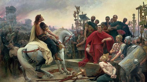 Vercingétorix jette ses armes aux pieds de César, tableau de Lionel Royer, 1899 (Musée Crozatier, Le Puy en Velay). ©Getty