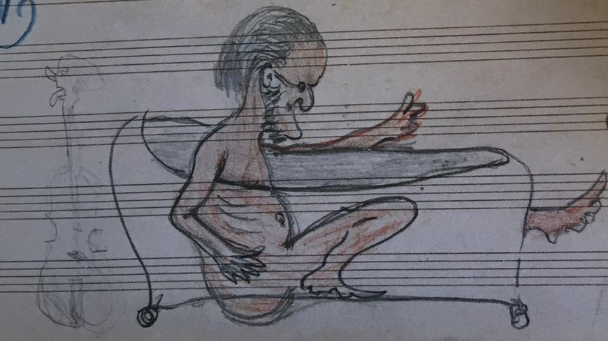 Illustration extraite de "Fosse notes, une autre histoire de l'Opéra" : Richard Wagner dans sa baignoire. Dessin réalisé sur la partie de violons II du Papillon d'Offenbach (BNF).