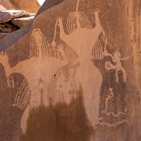 Pétroglyphes d'Aliya la déesse de la fertilité, province de Najran, à Thar, Arabie saoudite.