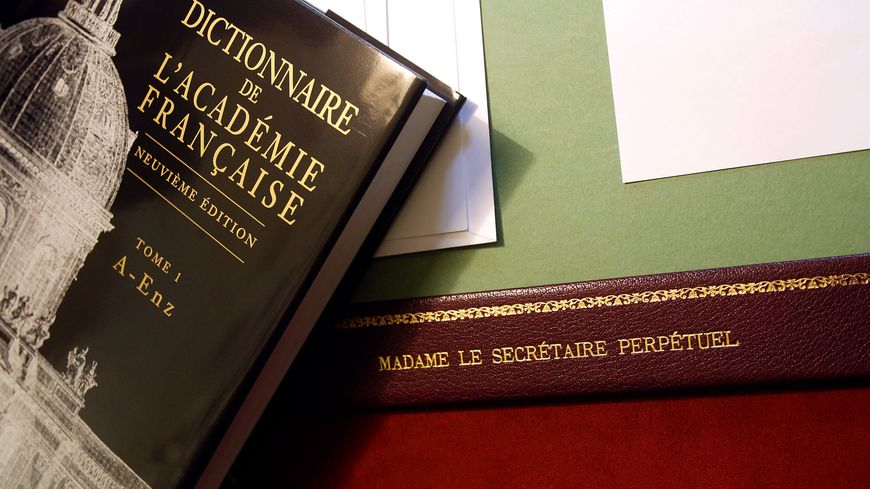 La 9e édition du dictionnaire de l’Académie française et le sous-main de Madame le secrétaire perpétuel dans la petite salle des séances hebdomadaires des Académies à l'Institut de France à Paris, qui regroupe cinq académies dont l'Académie française