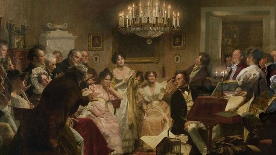 Franz Schubert au piano lors d'une Soirée Schubert dans un salon à Vienne. Huile sur toile, 1897 ©Getty - Imagno