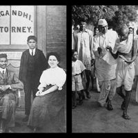 Gandhi à son cabinet davocat en 1902 et Gandhi habillé en cooli