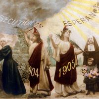 Carte postale de 1905 encourageant la séparation de l'Eglise et de l'Etat.