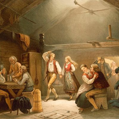 Peinture intitulée "Un dimanche après-midi dans un fumoir Hardanger" représentant une danse traditionnelle norvégienne au son d'un violon Hardanger, instrument typique de Scandinavie