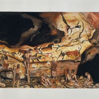 Grottes de Lascaux, reconstruction de la chambre de taureau en cours de décoration. Illustration non précisée.