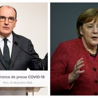 Jean Castex lors de la conférence de presse sur le Covid du 10 décembre / Angela Merkel au Bundestag le 9 décembre.