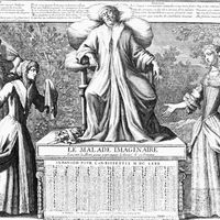 Illustration de la pièce de Molière "le Malade Imaginaire" sur un almanach de 1680.