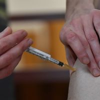 Un homme de 80 ans se fait vacciner contre le Covid-19 à l'EHPAD de Champmaillot à Dijon, le premier jour de la campagne de vaccination en France, le 27 décembre 2020.