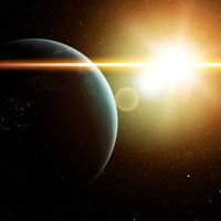 Illustration de la Terre et du Soleil, vue d'artiste réalisée à l'ordinateur