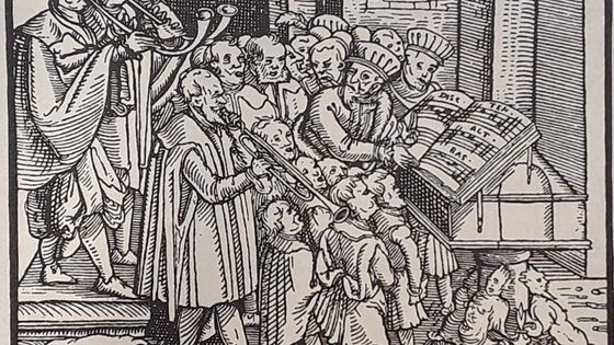 Page de titre des Practica Musica par Hermann Finck (1556) : Chorale à l'église du 16ème siècle