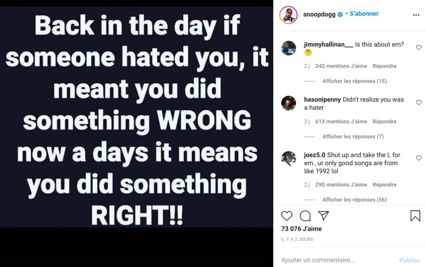 Capture d'écran publication Instagram Snoop Dogg
