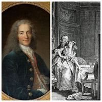 Portrait de François Marie Arouet dit Voltaire (1694-1778) à l'âge de 24 ans. Peinture de Nicolas de Largillière (château de Versailles) / L'Ingénu, gravure d'après un dessin de J.M Moreau (1786).