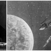 Gauche : Jules Verne en 1900 / Droite : Illustration tirée du roman De la terre à la lune (1865)