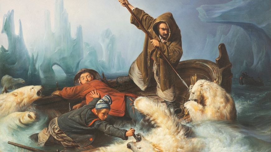 Embarcation attaquée par des ours blancs dans la mer du Nord, 1839 Huile sur toile, 50 × 62 cm Tromsø, Nordnorsk Kunstmuseum