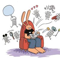 Dessin d'illustration par Lewis Trondheim du "Bouquin de la bande dessinée", dirigé par Thierry Groensteen, paru chez Robert Laffont / Bouquins