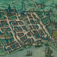 Carte de la ville de Bordeaux, gravure colorisée, éditée par "Civitates orbis terrarum" en 1582.