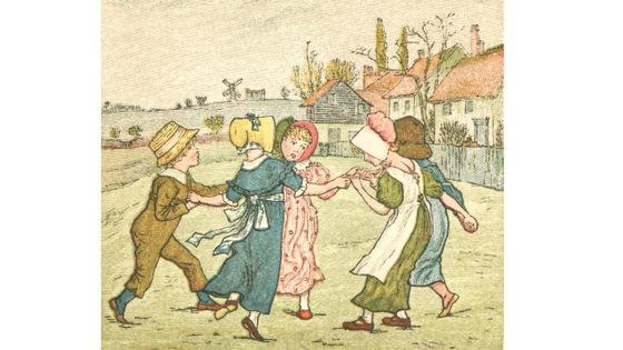 Enfants habillés dans le style Régence, dansant une ronde, probablement la comptine anglaise " Ring a Ring o' Roses ". Extrait du livre “Kate Greenaway’s Birthday Book for Children”, publié par George Routledge & Sons, Londres 1880 ©Getty - whitemay