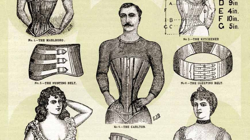 Publicité de l'époque victorienne pour les corsets pour hommes et femmes. Image coloriée numériquement à partir d'une publicité imprimée sur un magazine. Royaume-Uni, Londres 1899.