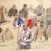 Un croquis de salle d'audience réalisé le 14 décembre 2020