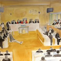 Croquis judiciaire réalisé le 16 décembre 2020 : vue d'ensemble de la cour du palais de justice de Paris, lors de l'audience de condamnation des complices présumés des tireurs islamistes de janvier 2015.