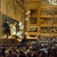 Première de "Hernani" de Victor Hugo à la Comédie-Française en 1830. Dessin de Paul-Albert Besnard (1849-1934)
