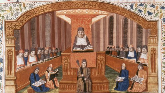 Cours de théologie à la Sorbonne au XVe siècle, à Paris, France. Miniature extraite d'un ouvrage de Nicolas de Lyre. ©Getty
