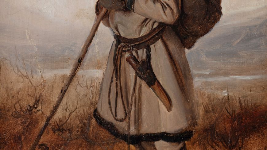 Jeune Sami debout appuyé sur une canne, 1839 Huile sur papier marouflé sur carton, 38 × 30 cm Collection particulière