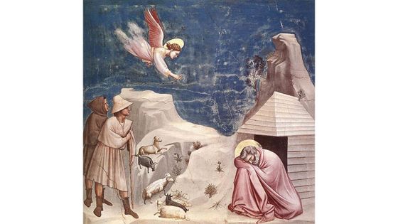Le rêve de Joachim " de Giotto di Bondone, fresque n°5, 200x185 cm (1303-1306). Chapelle Scrovegni ou église de l'Arena à Padoue