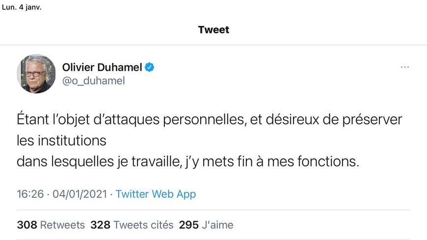 Tweet d'Olivier Duhamel lundi 4 janvier 2021