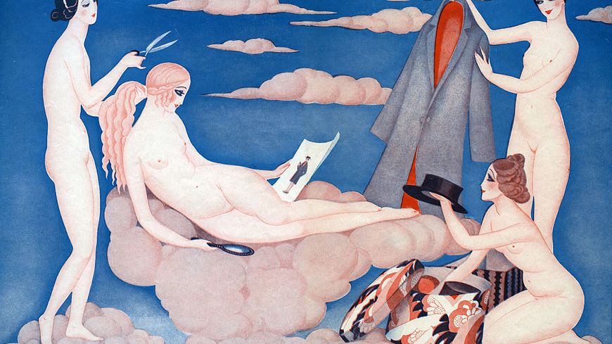 La toilette de Vénus en 1925 : les longs cheveux typiquement féminins et des vêtements masculins. Illustration de Gerda Wegener (1889-1940) pour l'hebdomadaire humoristique "Le Sourire". France, Paris 1925