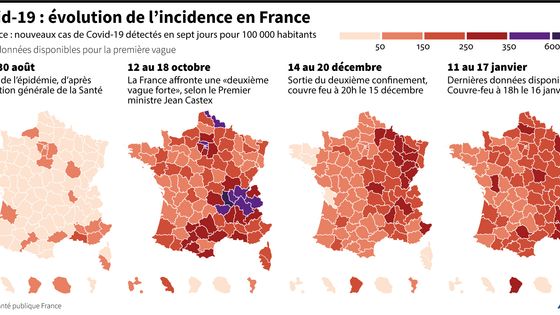 Evolution des cas de Covid-19 détectés en France ©AFP - SOPHIE RAMIS, MARYAM EL HAMOUCHI / AFP