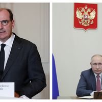 Le premier ministre Jean Castex vendredi 29 janvier à l'issue d'un conseil de défense / Vladimir Poutine à Moscou le 30 décembre 2020 Auteur : Plantu (Le Monde) / Mikhail Klimentyev / Sputnik /