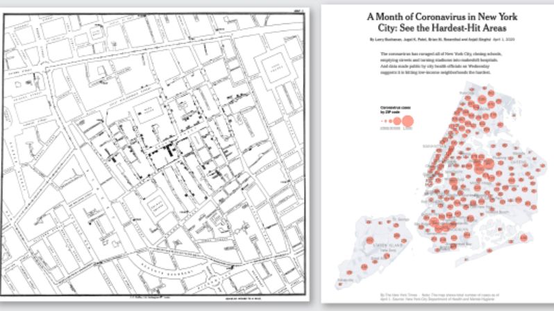 A droite : La carte nombre de morts dû au choléra à Londres en 1854 de John Snow. A gauche : "A Month of Coronavirus in New York City: See the Hardest-Hit Areas", The New York Times, 2020.