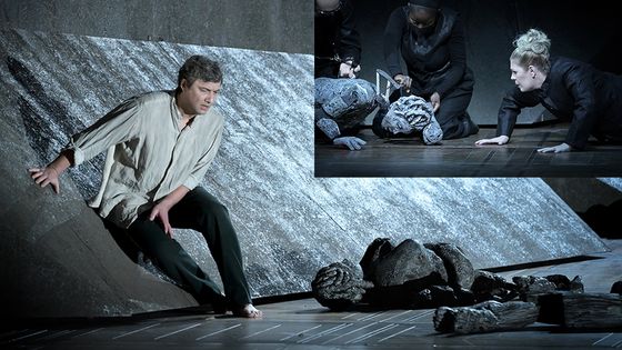 Verdi, Aïda - mise-en-scène Lotte de Beer, direction musicale Michele Mariotti : Jonas Kaufmann (Radamès) et Sondra Radvanovsky (Aïda). Les marionnettes de Mervyn Millar - Photo by Vincent Pontet / Opéra national de Paris (2021)
