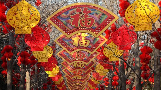 Décorations pour le Nouvel An Chinois au Parc Ditan de Beijing en 2019 : lampions et éventails porte-bonheur ©Getty - Photo by Ding Bangxue/Qianlong.com/Visual China Group via Getty Images