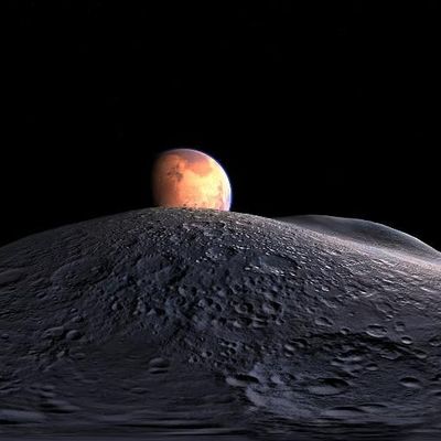 Une illustration de Mars apparaissant derrière l'une de ses lunes, Phobos.