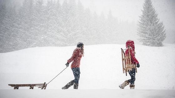 Deux jeunes femmes avec leurs luges sous une chute de neige ©Getty - Westend61