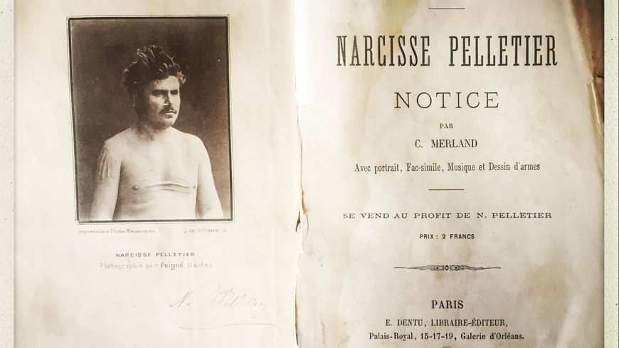 "Dix-sept ans chez les sauvages. Aventures de Narcisse Pelletier" de Constant Merland, avec la photo de Narcisse Pelletier par Constant Peigné (E. Dentu, 1876).