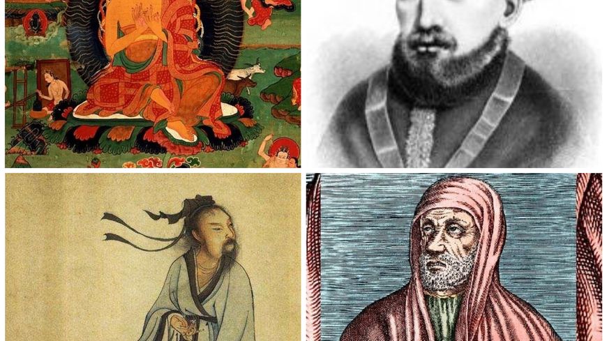 De gauche à droite : le bouddhiste indien Nāgārjuna, le rabbin séfarade Maïmonide (haut) ; le penseur chinois Zhuangzi, le savant et médecin perse Avicenne (bas).