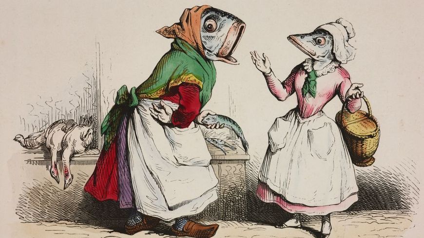 Deux poissonnières, illustrées par "Granville", dans son ouvrage "Les Metamorphoses du jour", en 1854.