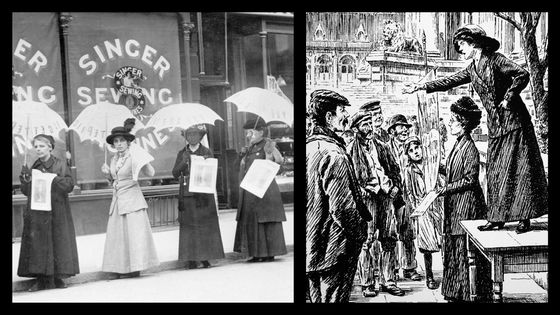 Parade de parasols pour vendre le journal des Suffragettes, Brighton 1914. Suffragette s'adressant à une foule à Londres, 1912. ©Getty