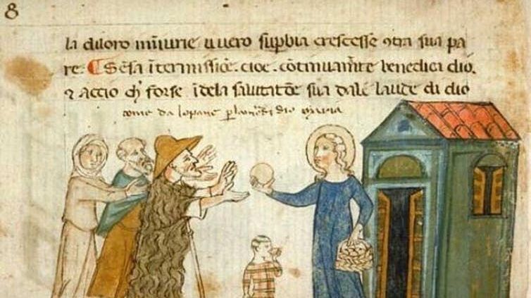 L'aumône à l'enfant pauvre : un petit pain. Meditatione de la vita di Nostro Signore, Italie (région siennoise), vers 1330-1340
