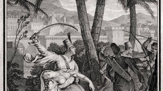 Illustration gravée de son roman «Zadig» Légende: Zadig… la défendant avec toute la force que donne la valeur et l'amour. Édition publiée 1809 ©Getty - Culture Club