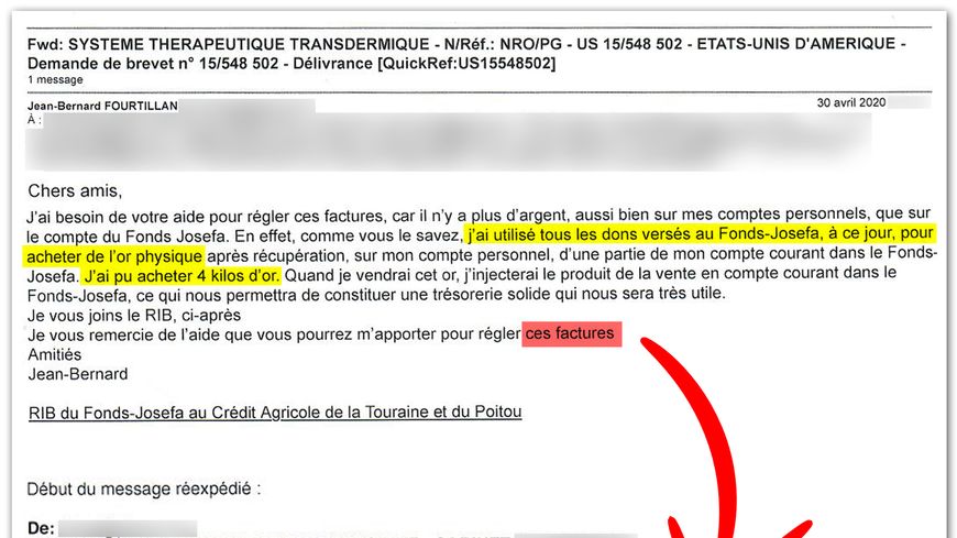 Extrait du mail du 30/04/2020 - M. Fourtillan indique avoir acheté quatre kilogrammes d’or avec les dons de ses patients.