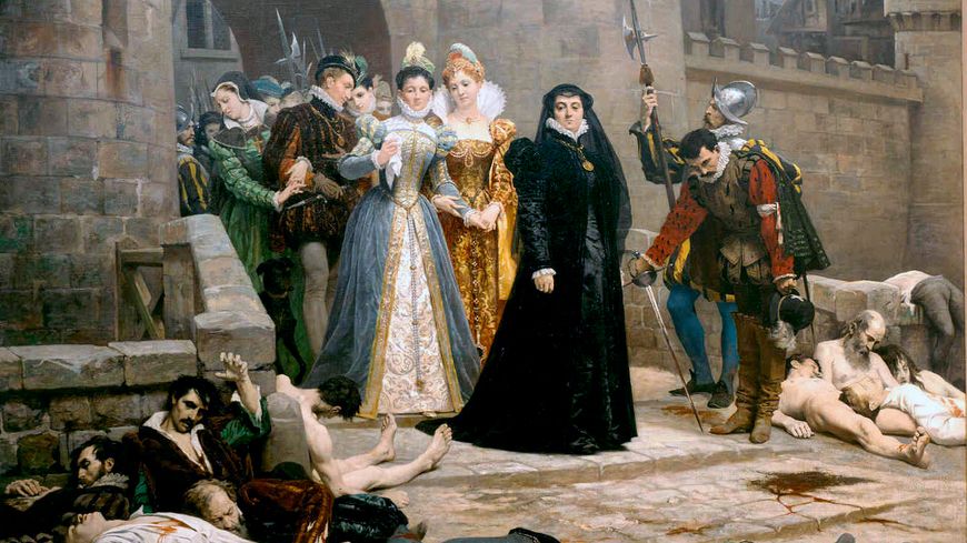 'Un matin devant la porte du Louvre' (tableau 1880) / Catherine de Médicis dévisage les cadavres de protestants au lendemain du massacre de la Saint-Barthélémy.