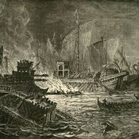 Bataille d'Actium, an 31 avant J-C, Guerre civile de la République romaine, extrait de "Histoire universelle" de Edmund Ollier.