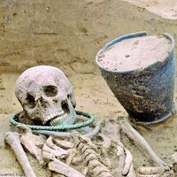 Femme celte portant un torque, entre 450 et 350 avant notre ère, Vasseny (Aisne), 2002. Le torque est un collier rigide de la "panoplie" des tombes féminines du second âge du Fer, souvent associé à des bracelets.