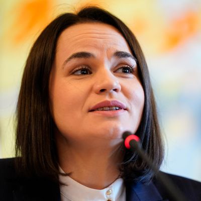 Svetlana Tikhanovskaya, leader de l'opposition biélorusse, s'exprime lors d'une conférence de presse à Christiansborg, Copenhague, le 22 octobre 2020.