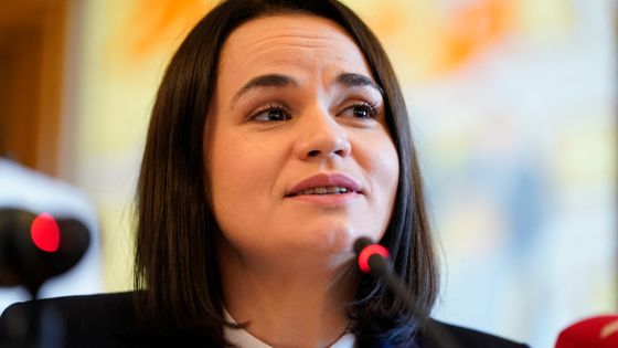 Svetlana Tikhanovskaya, leader de l'opposition biélorusse, s'exprime lors d'une conférence de presse à Christiansborg, Copenhague, le 22 octobre 2020. ©AFP - Liselotte Sabroe / Ritzau Scanpix